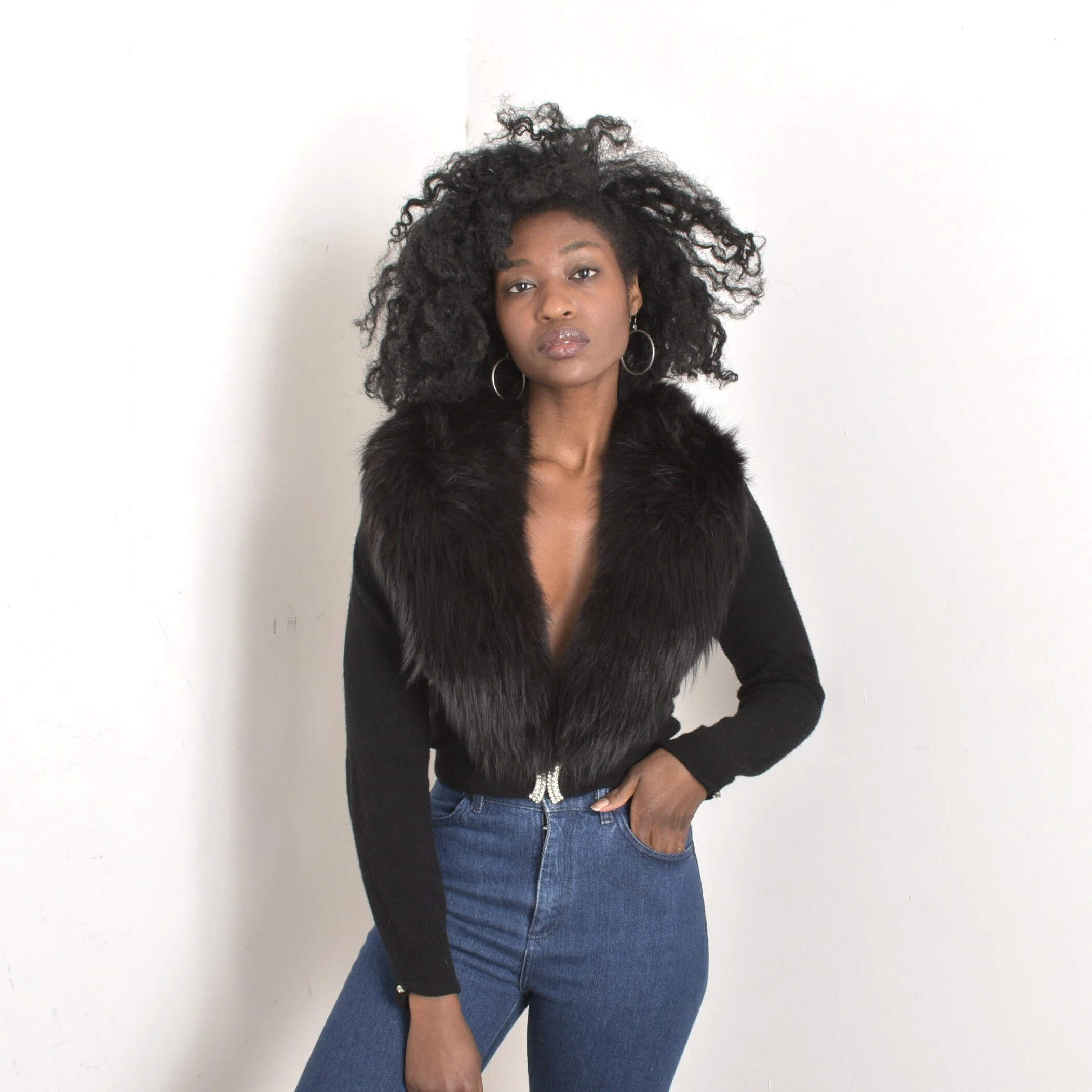 1950s Cashmere Cardigan with Fox Fur Collar-medium — La Poubelle